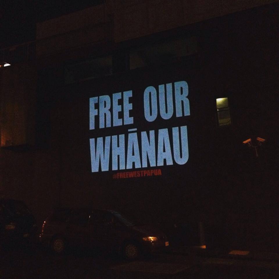 Free West Papua projection onto Media Works building TV3 news Auckland